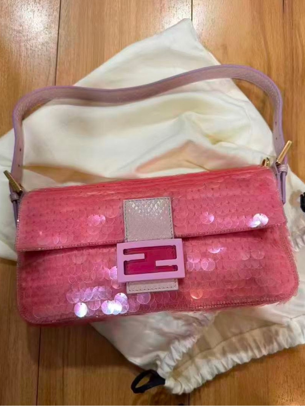 ISO Fendi Pink Sequin Shoulder Bag with Logo Buckle